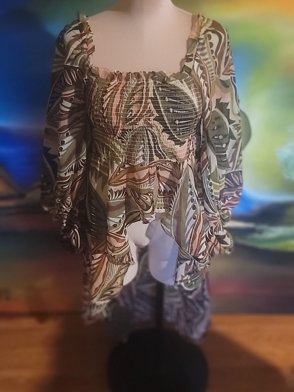 Smocked Peasant Blouse in Olive & Cream
